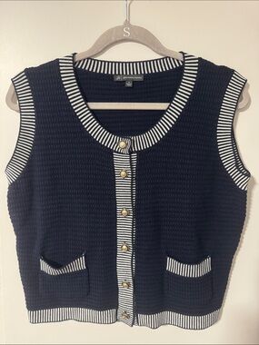 Adrianna Papell Navy Sleeveless Cardigan with White Stripe Trim